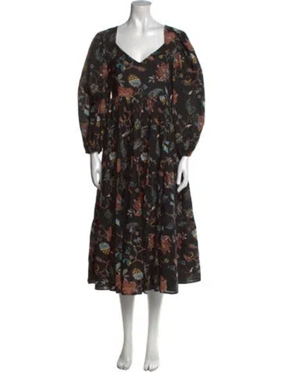 Pre-owned Mille Floral Print Midi Length Dress In Black