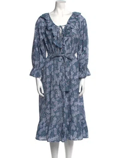 Pre-owned Mille Floral Print Midi Length Dress In Blue