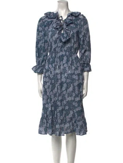 Pre-owned Mille Floral Print Midi Length Dress In Blue