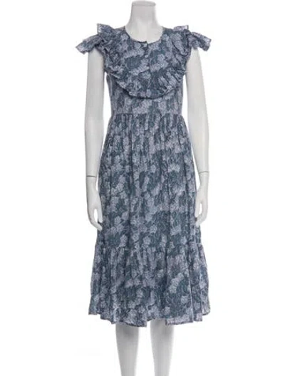 Pre-owned Mille Floral Print Midi Length Dress In Blue