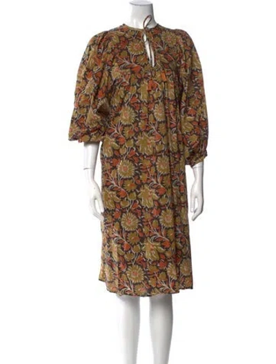 Pre-owned Mille Floral Print Midi Length Dress In Brown