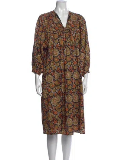 Pre-owned Mille Floral Print Midi Length Dress In Brown
