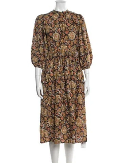 Pre-owned Mille Floral Print Midi Length Dress In Brown