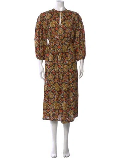 Pre-owned Mille Floral Print Midi Length Dress In Brown