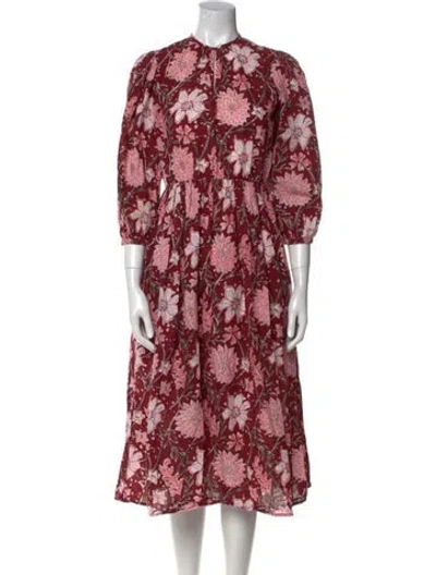 Pre-owned Mille Floral Print Midi Length Dress In Burgundy