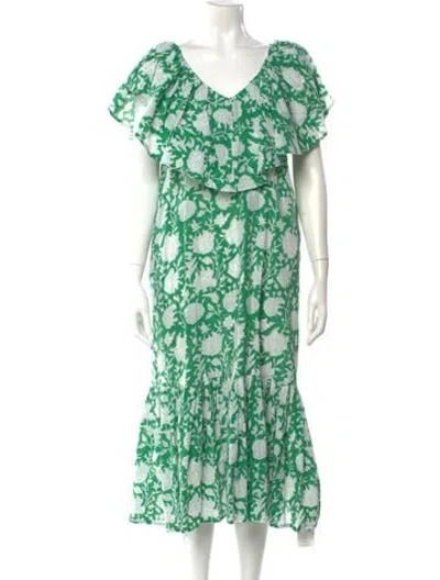 Pre-owned Mille Floral Print Midi Length Dress In Green