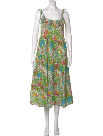 Pre-owned Mille Floral Print Midi Length Dress In Green