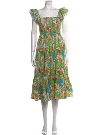Pre-owned Mille Floral Print Midi Length Dress In Green