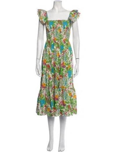 Pre-owned Mille Floral Print Midi Length Dress In Green