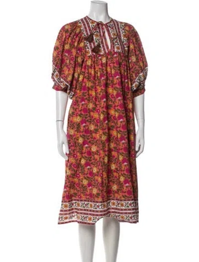Pre-owned Mille Floral Print Midi Length Dress In Red