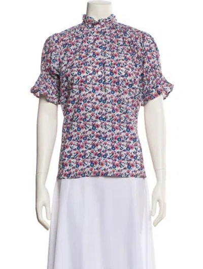 Pre-owned Mille Floral Print Mock Neck Blouse In Blue