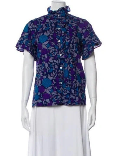 Pre-owned Mille Floral Print Short Sleeve Blouse In Blue