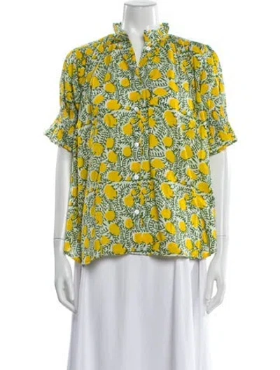 Pre-owned Mille Floral Print Short Sleeve Blouse In Green