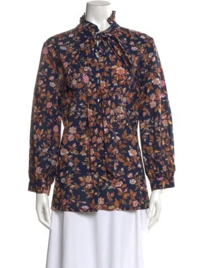 Pre-owned Mille Floral Print Tie Neck Blouse In Blue