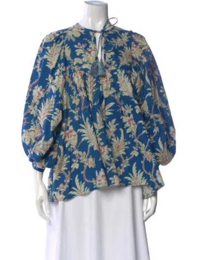 Pre-owned Mille Floral Print Tie Neck Blouse In Blue