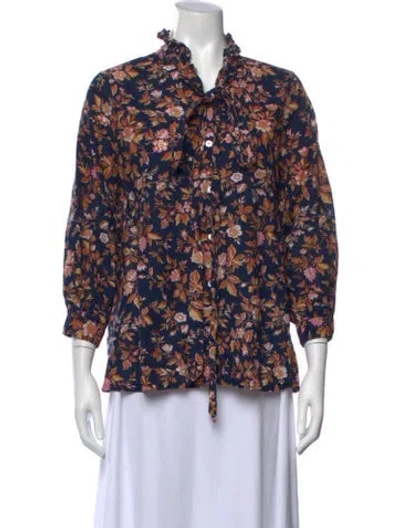 Pre-owned Mille Floral Print Tie Neck Blouse In Blue