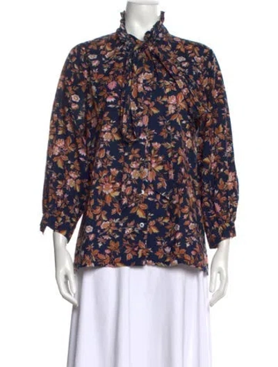 Pre-owned Mille Floral Print Tie Neck Blouse In Blue
