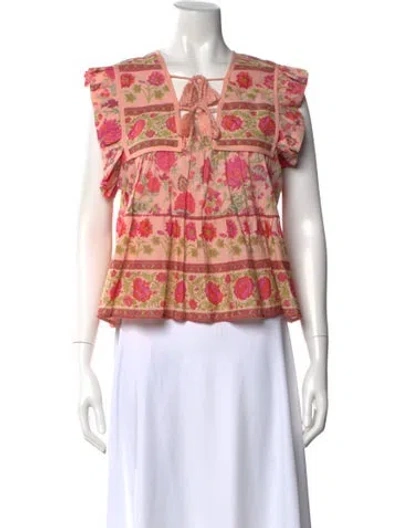 Pre-owned Mille Floral Print Tie Neck Blouse In Pink