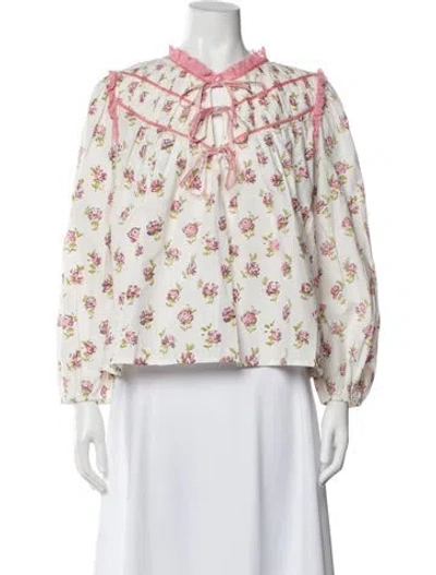 Pre-owned Mille Floral Print Tie Neck Blouse In White