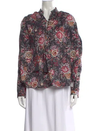 Pre-owned Mille Floral Print Tie Neck Top In Black