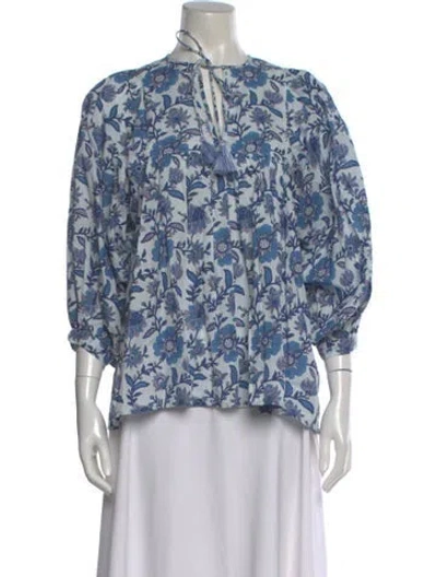 Pre-owned Mille Floral Print Tie Neck Top In Blue