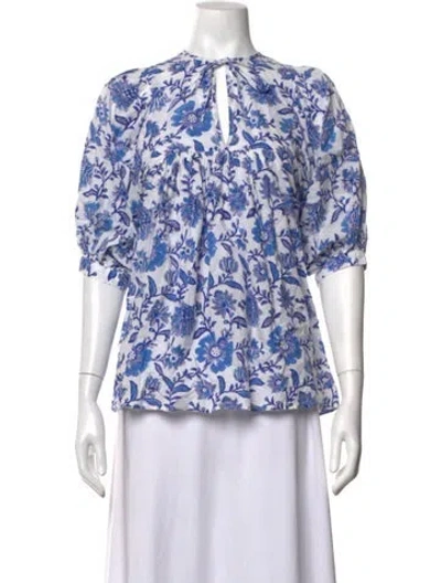 Pre-owned Mille Floral Print Tie Neck Top In Blue