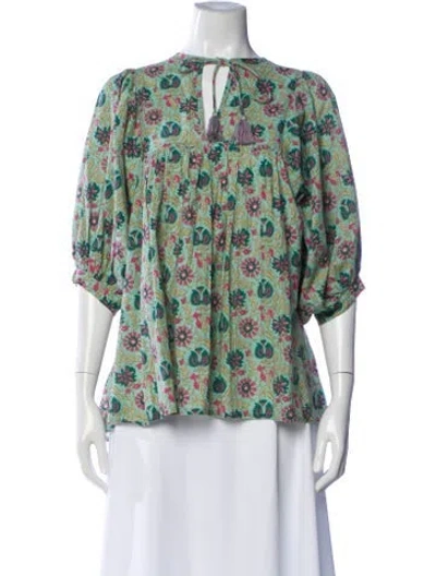 Pre-owned Mille Floral Print Tie Neck Top In Green