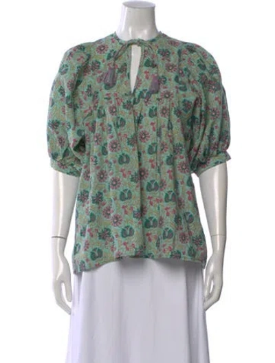 Pre-owned Mille Floral Print Tie Neck Top In Green