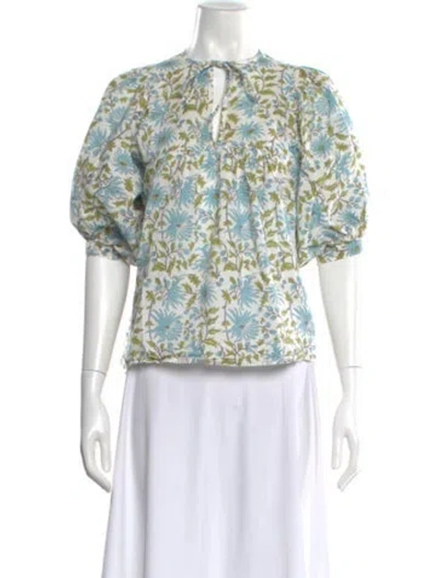 Pre-owned Mille Floral Print Tie Neck Top In Neutral