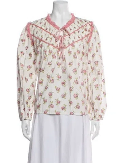 Pre-owned Mille Floral Print Tie Neck Top In White