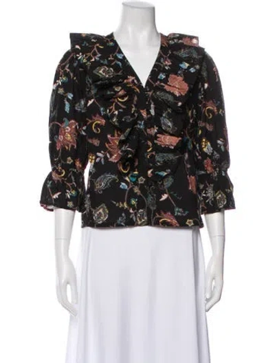 Pre-owned Mille Floral Print V-neck Blouse In Black