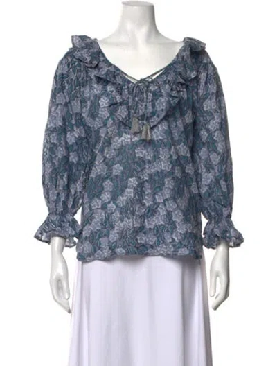 Pre-owned Mille Floral Print V-neck Blouse In Blue
