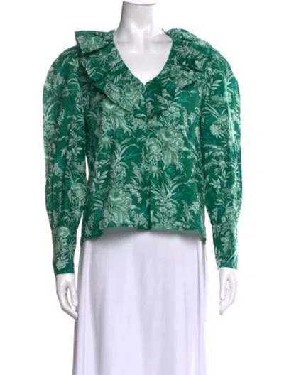 Pre-owned Mille Floral Print V-neck Blouse In Green