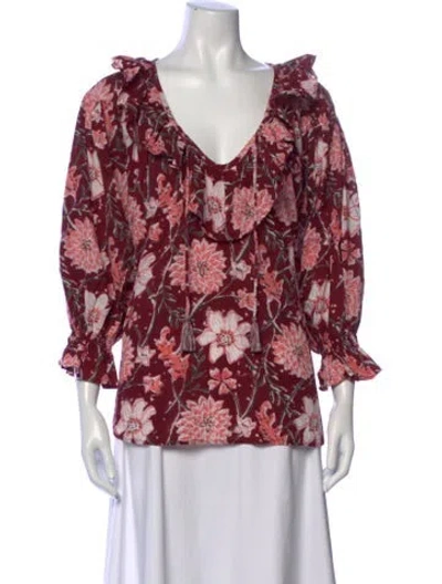 Pre-owned Mille Floral Print V-neck Blouse In Red