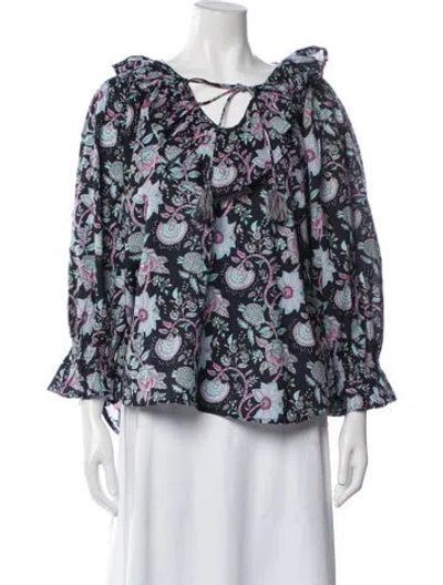 Pre-owned Mille Floral Print V-neck Top In Black