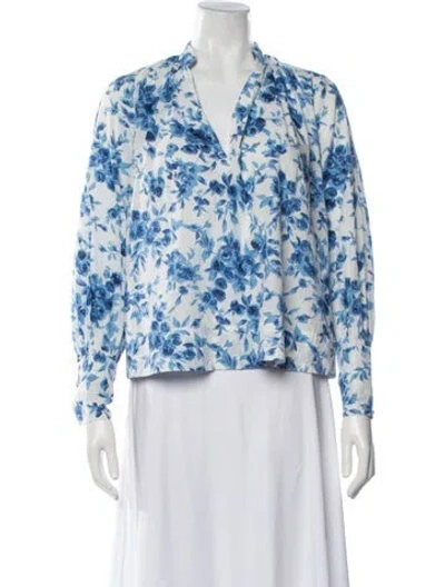 Pre-owned Mille Floral Print V-neck Top In Blue
