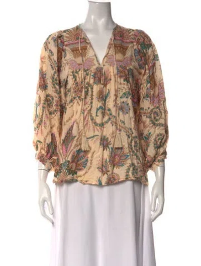 Pre-owned Mille Floral Print V-neck Top In Neutrals