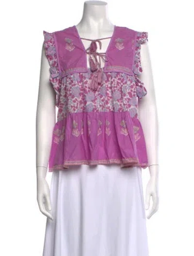 Pre-owned Mille Floral Print V-neck Top In Purple