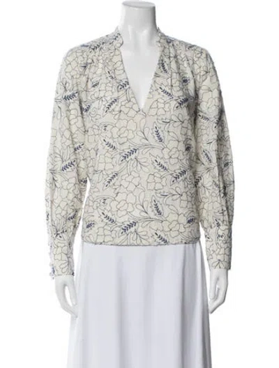 Pre-owned Mille Floral Print V-neck Top In White