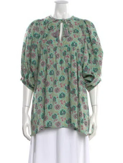 Pre-owned Mille Floral Print V-neck Tunic In Green