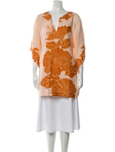 Pre-owned Mille Floral Print V-neck Tunic W/ Tags In Orange