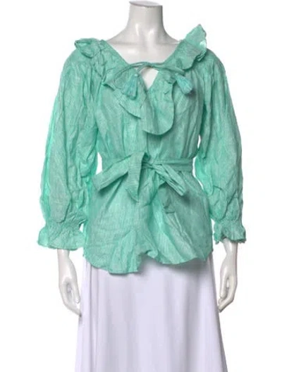 Pre-owned Mille Linen Striped Blouse W/ Tags In Green