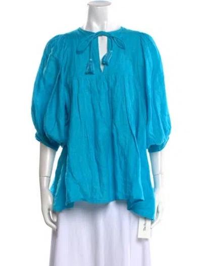 Pre-owned Mille Linen Tie Neck Tunic In Blue