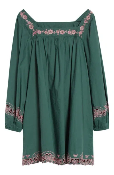 Mille Lovina Embroidered Detail Long Sleeve Cotton Shift Dress In Palm Eyelet