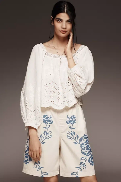 Mille Maureen Long-sleeve Square-neck Eyelet Blouse In White
