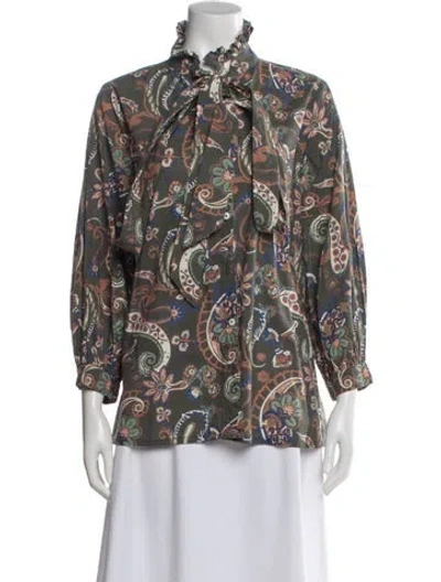 Pre-owned Mille Paisley Print Tie Neck Blouse In Green
