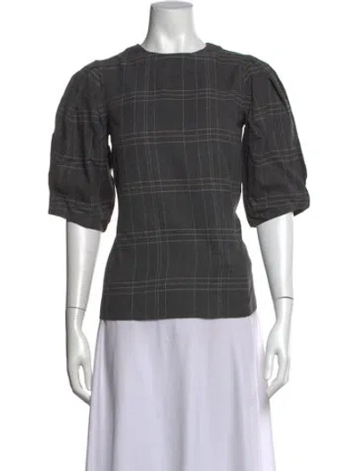 Pre-owned Mille Plaid Print Crew Neck Blouse In Grey