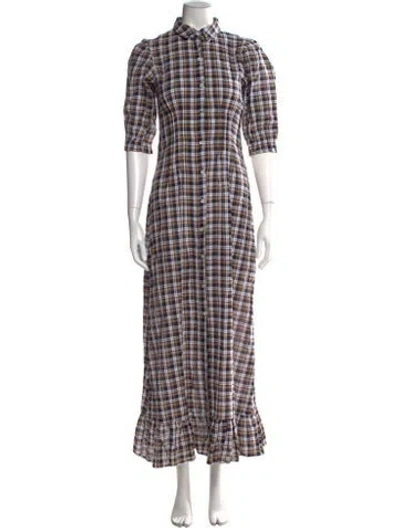 Pre-owned Mille Plaid Print Long Dress In Blue
