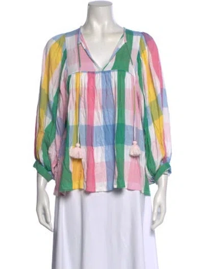 Pre-owned Mille Plaid Print V-neck Blouse In Pink