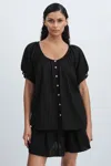 Mille Puff-sleeve Button-through Top In Black